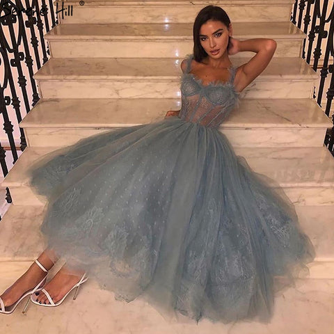 Vestido de noche azul hasta el tobillo 2025, sin mangas, sencillo, sexy, de encaje, diseño formal LA70767 