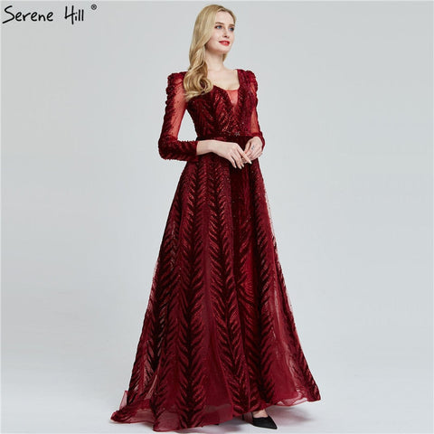 Velvet Wine Red Evening Dresses Long Sleeves Luxury Design Beading  Formal Dress 2025 Plus Size LA60903