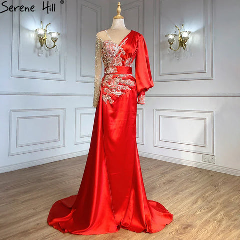 Green Mermaid Satin Evening Dresses Gowns 2025 Muslim Elegant Beaded Luxury For Women Party LA71370