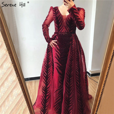 Velvet Wine Red Evening Dresses Long Sleeves Luxury Design Beading  Formal Dress 2025 Plus Size LA60903