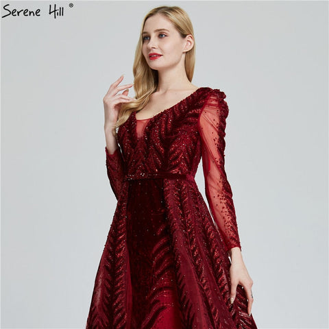 Velvet Wine Red Evening Dresses Long Sleeves Luxury Design Beading  Formal Dress 2025 Plus Size LA60903