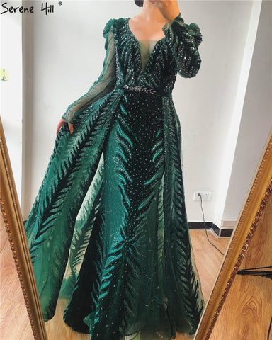 Velvet Wine Red Evening Dresses Long Sleeves Luxury Design Beading  Formal Dress 2025 Plus Size LA60903