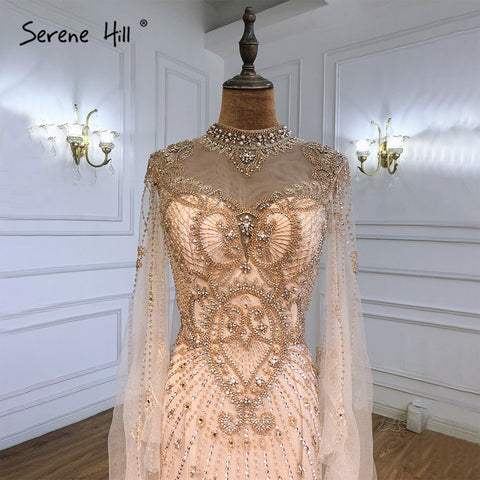 Robe de soirée luxueuse grise nude à manches cape, sirène perlée, élégante et sexy, pour femme, LA71187, 2025 