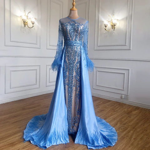 Blue  Long Sleeve Feathers beaded Evening Dresses Dubai Mermaid Luxury Evening Gowns 2025 LA60932