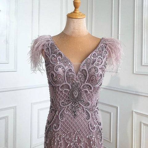 Champagne Luxury V-Neck Sexy Mermaid Evening Dresses 2025 Diamond Feathers Sleeveless Formal Dress LA70350