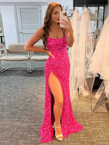 Mermaid Spaghetti Straps Long Sequins Prom Dress