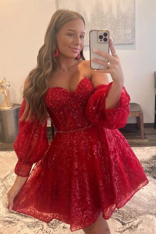 A Line Sweetheart Black Short Homecoming Dress with Long Sleeves