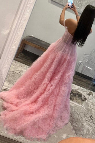 A Line Off the Shoulder Ruffled Tulle Prom Dress with Slit