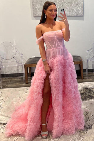 A Line Off the Shoulder Ruffled Tulle Prom Dress with Slit