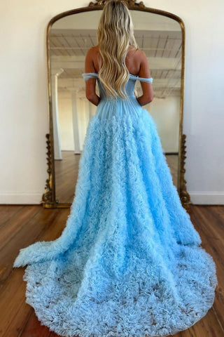 A Line Off the Shoulder Ruffled Tulle Prom Dress with Slit
