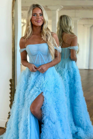 A Line Off the Shoulder Ruffled Tulle Prom Dress with Slit