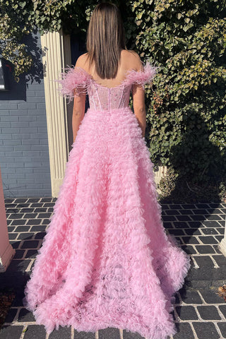 A Line Sweetheart Tiered Tulle Long Prom Dress With Slit