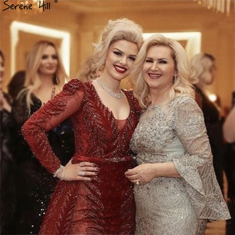 Velvet Wine Red Evening Dresses Long Sleeves Luxury Design Beading  Formal Dress 2025 Plus Size LA60903