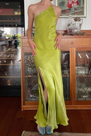 Elegante vestido largo de fiesta verde, corte sirena, un solo hombro, con abertura en la espalda, estilo bota, modelo Y8550
