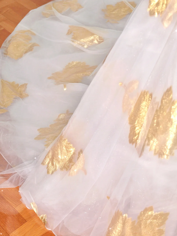 Robe de bal en tulle imprimé or, épaules dénudées, coupe trapèze, modèle Y8618