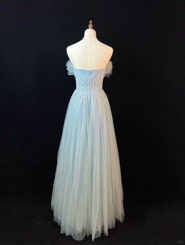 Vestido de fiesta de corte A, elegante, azul, de tul, con lentejuelas y cuentas, modelo Y8646