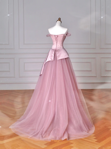 Elegante vestido de baile rosa de corte A con cuello de plumas, sin tirantes, de tul y satén (Y8629)