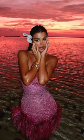 Vestido corto de fiesta único, estilo tubo, con lentejuelas rosas y plumas, modelo Y8332