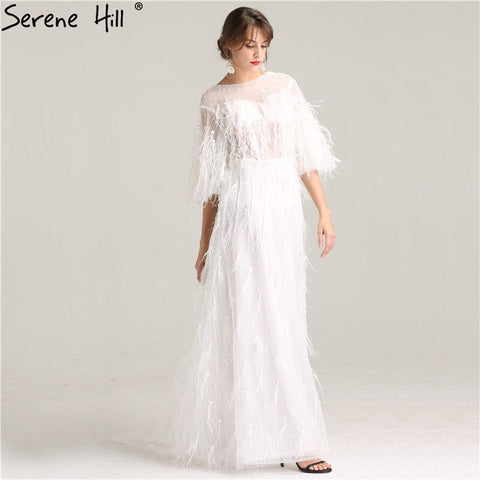 Robe de soirée mi-longue à manches longues et plumes, style bohème, avec perles blanches, sexy, LA6225 