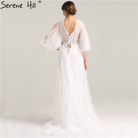 Robe de soirée mi-longue à manches longues et plumes, style bohème, avec perles blanches, sexy, LA6225 