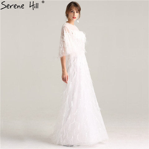 Robe de soirée mi-longue à manches longues et plumes, style bohème, avec perles blanches, sexy, LA6225 