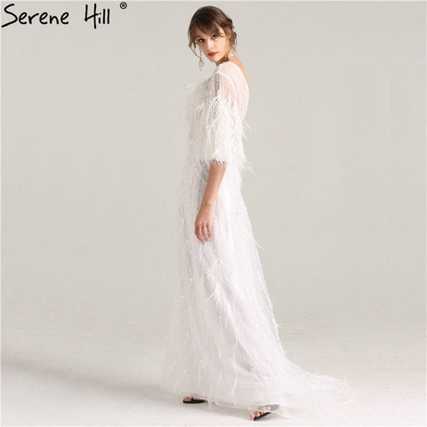 Robe de soirée mi-longue à manches longues et plumes, style bohème, avec perles blanches, sexy, LA6225 