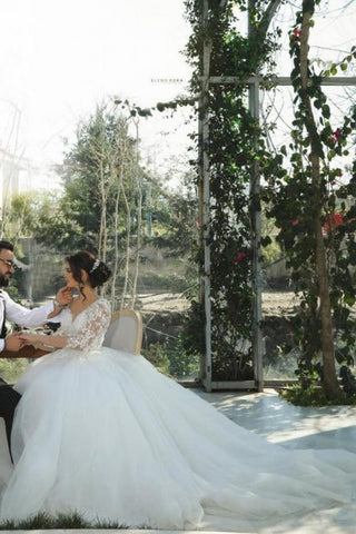 Half sleeves lace V-neck A-line Princess Wedding Dress