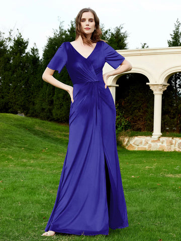 Short Sleeve Prom Dress V Neck High Slit Bridesmaid Dress VMP181