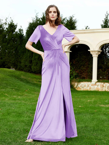 Short Sleeve Prom Dress V Neck High Slit Bridesmaid Dress VMP181