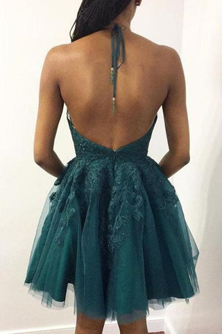 Robe de bal courte en dentelle vert émeraude à col halter, modèle PD448
