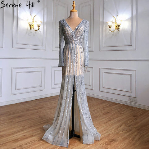 Silver Blue Mermaid Split Evening Dresses Gowns 2025 Beaded Elegant Luxury For Women Party LA71392