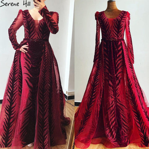 Velvet Wine Red Evening Dresses Long Sleeves Luxury Design Beading  Formal Dress 2025 Plus Size LA60903