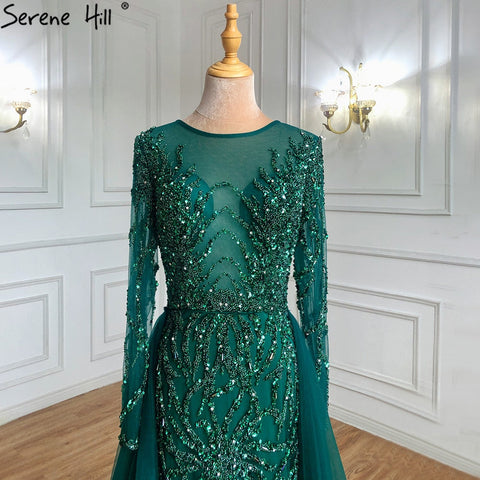 Robe de soirée musulmane verte avec traîne, style sirène, perles, élégante et luxueuse, pour femmes, LA71107, 2025 