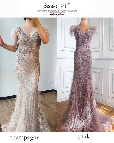 Champagne Luxury V-Neck Sexy Mermaid Evening Dresses 2025 Diamond Feathers Sleeveless Formal Dress LA70350