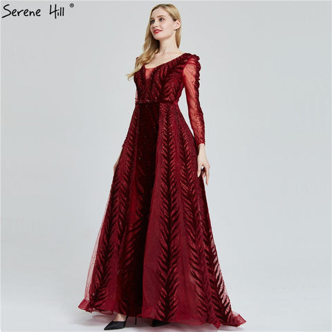Velvet Wine Red Evening Dresses Long Sleeves Luxury Design Beading  Formal Dress 2025 Plus Size LA60903