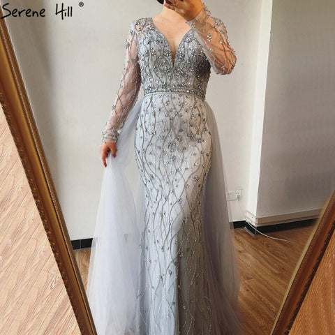 Dubai Luxury Grey With DetachableTrain Evening Dresses 2025 Long Diamond Mermaid Beading Formal Dress LA70341