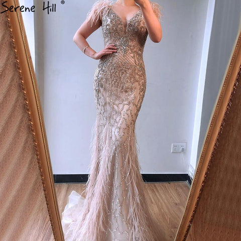 Champagne Luxury V-Neck Sexy Mermaid Evening Dresses 2025 Diamond Feathers Sleeveless Formal Dress LA70350