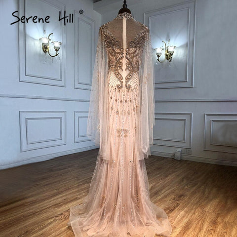 Robe de soirée luxueuse grise nude à manches cape, sirène perlée, élégante et sexy, pour femme, LA71187, 2025 