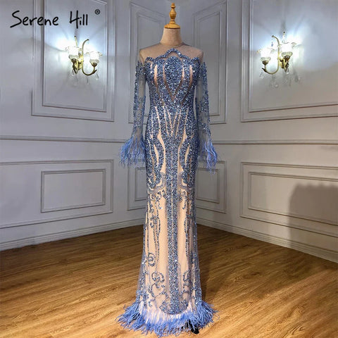 Blue  Long Sleeve Feathers beaded Evening Dresses Dubai Mermaid Luxury Evening Gowns 2025 LA60932