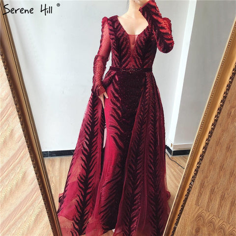 Velvet Wine Red Evening Dresses Long Sleeves Luxury Design Beading  Formal Dress 2025 Plus Size LA60903