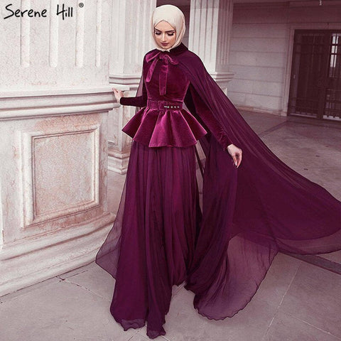 On Sale no return no refundSale Muslim Wine Red Long Sleeves Evening Dresses 2025 Long Shawl Sashs A-Line Simple Fromal Dresses LA70278