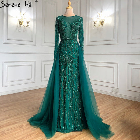 Robe de soirée musulmane verte avec traîne, style sirène, perles, élégante et luxueuse, pour femmes, LA71107, 2025 