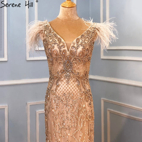 Champagne Luxury V-Neck Sexy Mermaid Evening Dresses 2025 Diamond Feathers Sleeveless Formal Dress LA70350