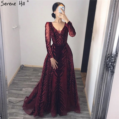 Velvet Wine Red Evening Dresses Long Sleeves Luxury Design Beading  Formal Dress 2025 Plus Size LA60903
