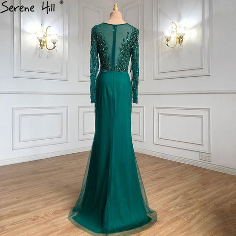 Robe de soirée musulmane verte avec traîne, style sirène, perles, élégante et luxueuse, pour femmes, LA71107, 2025 