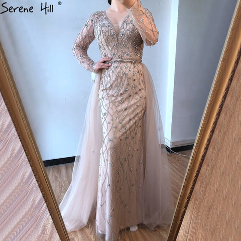 Dubai Luxury Grey With DetachableTrain Evening Dresses 2025 Long Diamond Mermaid Beading Formal Dress LA70341