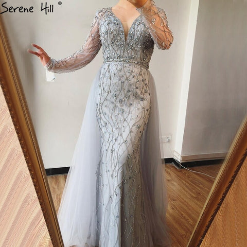 Dubai Luxury Grey With DetachableTrain Evening Dresses 2025 Long Diamond Mermaid Beading Formal Dress LA70341