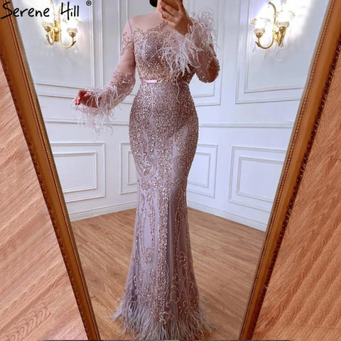 Blue  Long Sleeve Feathers beaded Evening Dresses Dubai Mermaid Luxury Evening Gowns 2025 LA60932