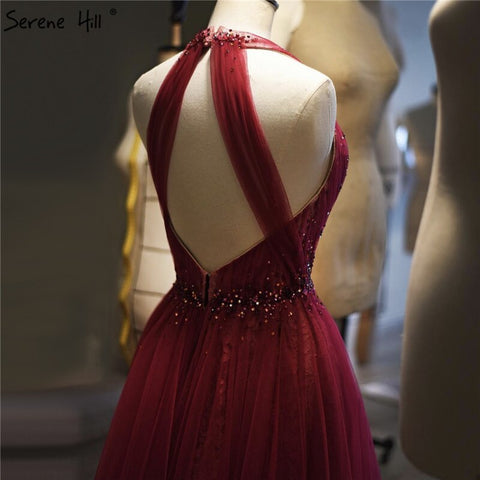 On Sale no return no refundSale Red Halter Sexy Sleeveless Evening Dresses 2025 Crystal A-Line Tulle Formal Dress Design LA70348