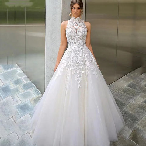 High Neck Vestidos De Novia Appliques Vestido De Noiva Sleeveless Wedding Dresses Lace Robe De Mariée